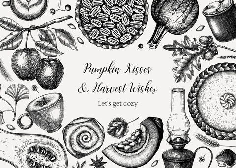 Vintage autumn frame design. Hand-drawn vector illustration. Pumpkin, hot drink, fruit, pie, pastry, fall leaves sketches. Thanksgiving background.
